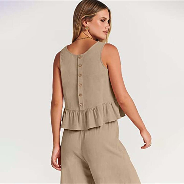 Versatile women's summer set: a sleeveless ruffled top and wide-leg pants combo.
