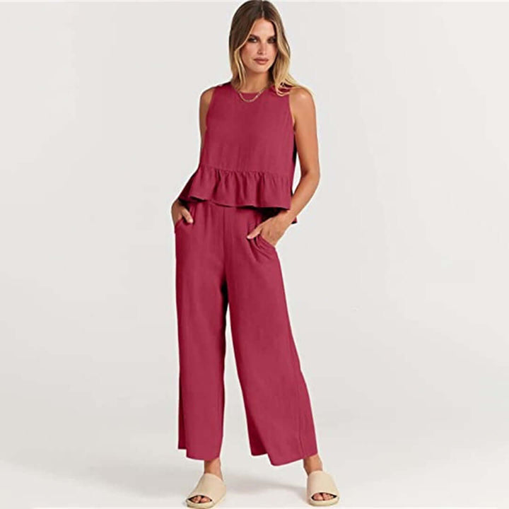Women's relaxed fit casual wear set, featuring a ruffled sleeveless top & wide-leg pants.