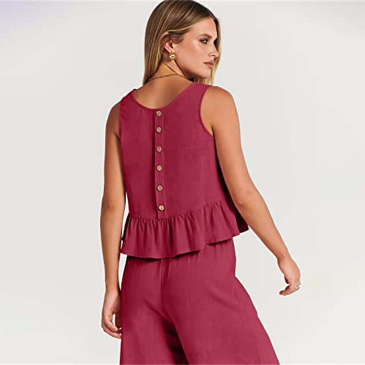 Pretty women's two-piece outfit: ruffled sleeveless top & wide-leg pants, spring/summer.