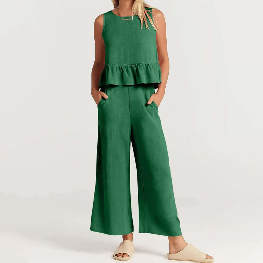 Stylish women's summer set featuring a ruffled sleeveless top & flowy wide-leg pants.