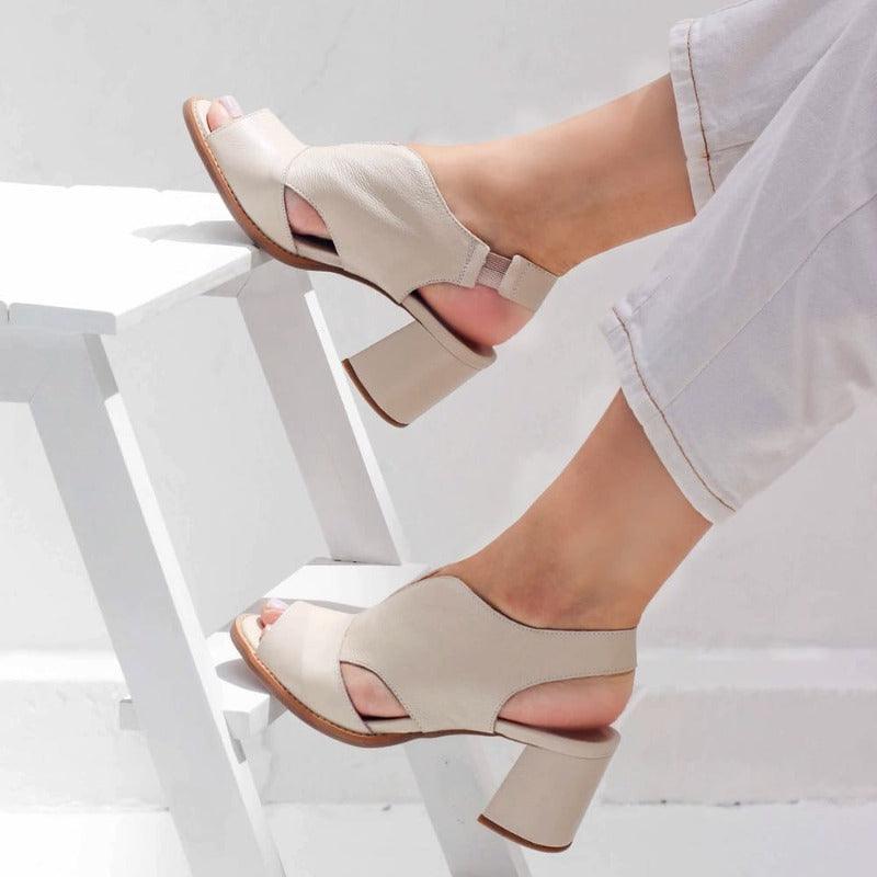 Women's Selina heeled leather sandals. Comfortable for everyday style & summer wear with buckle.