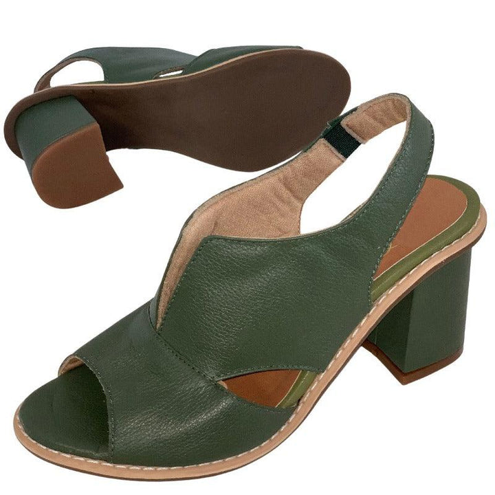 Side view of Women's Selina heeled leather sandals. Shows heel height & comfortable design.