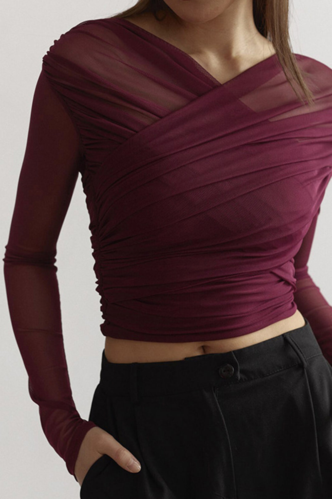 Stylish women's sheer ruched mesh top, ideal for evening wear, date night, or party outfits.