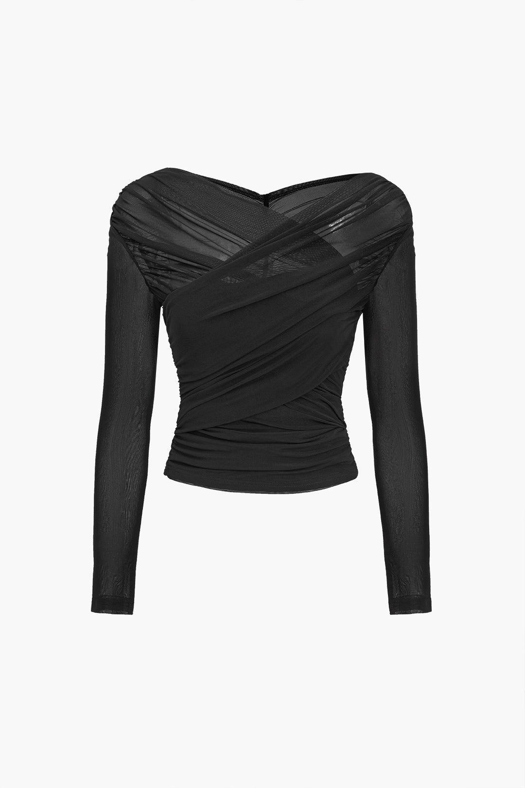 Women's sheer mesh ruched long-sleeve top. Perfect for a chic evening, party, or date night.