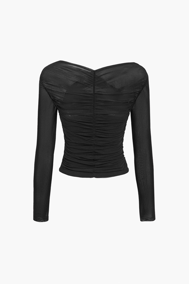 Fashionable women's sheer mesh long sleeve top featuring delicate ruching, an elegant choice for any event.