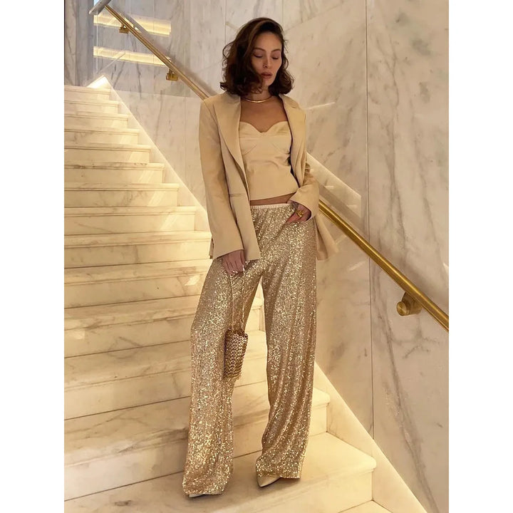 Silky sequin pants for women, offering a sparkling and glamorous look for evening wear & formal occasions.