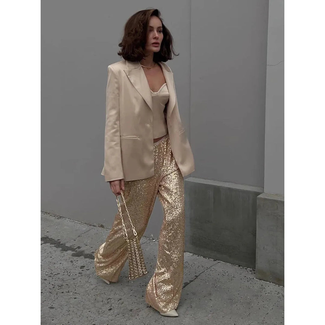 Stylish women's sequin pants, a glittering & sparkling choice for glamorous parties or formal evening wear.