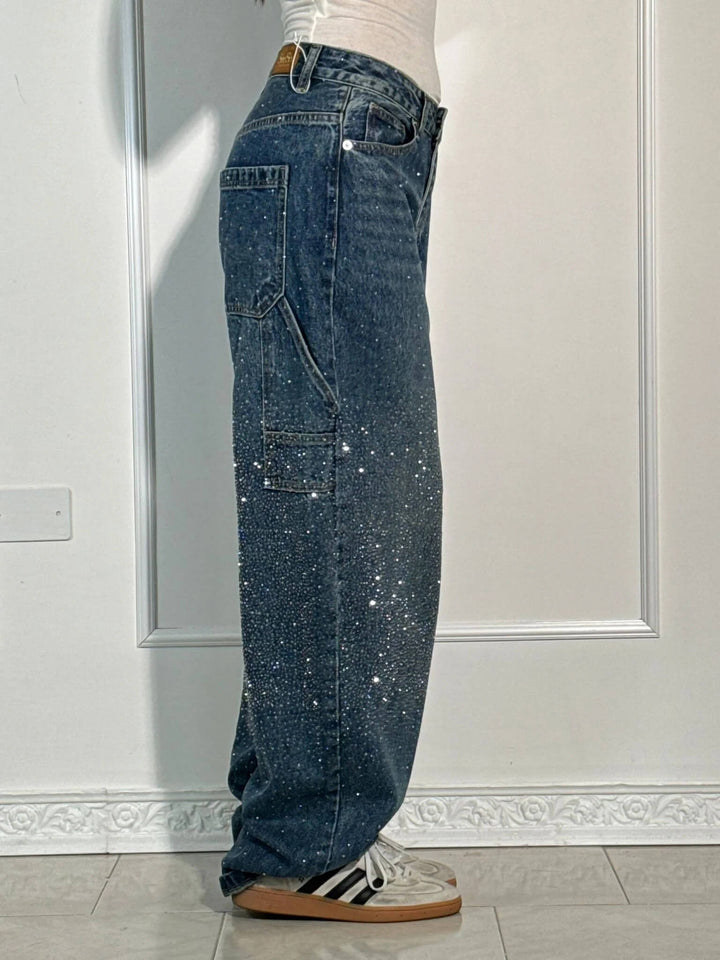Glitter women's balloon carpenter jeans. Relaxed fit, sparkling denim statement pants for modern fashion.