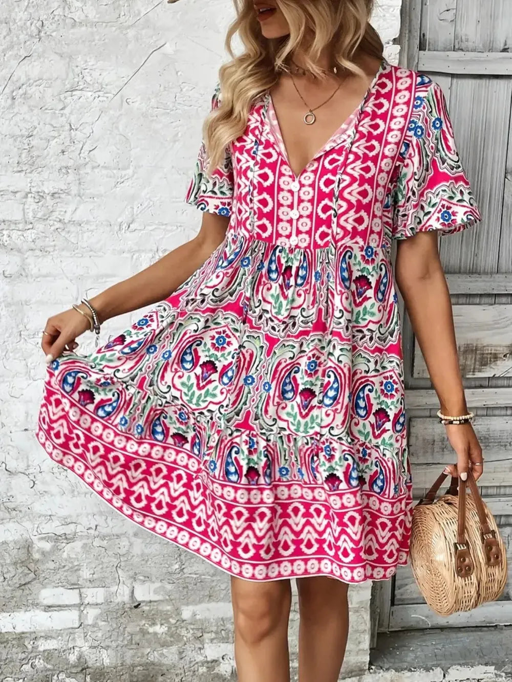 Tie neck women's short sleeve mini dress. Summer casual and stylish, perfect for vacation.