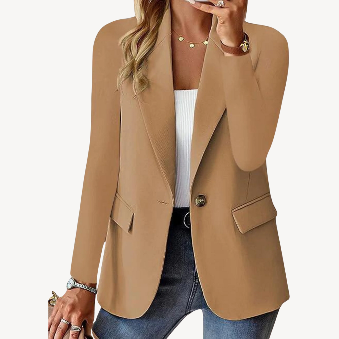 Women's single button tailored blazer jacket, perfect for business casual or professional workwear.