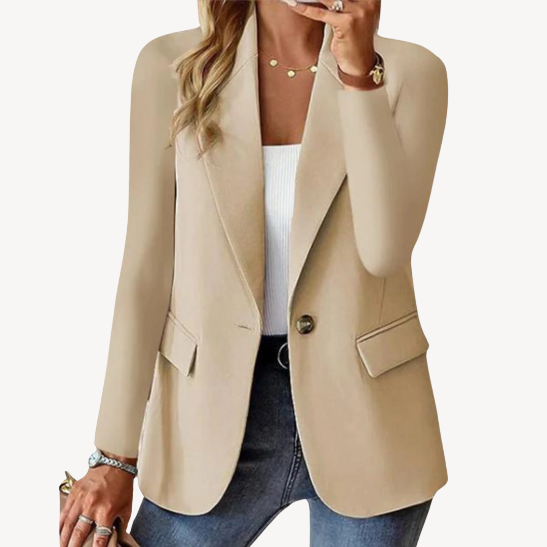 Elegant ladies' tailored blazer with a single button closure, offering a smart and professional fit.