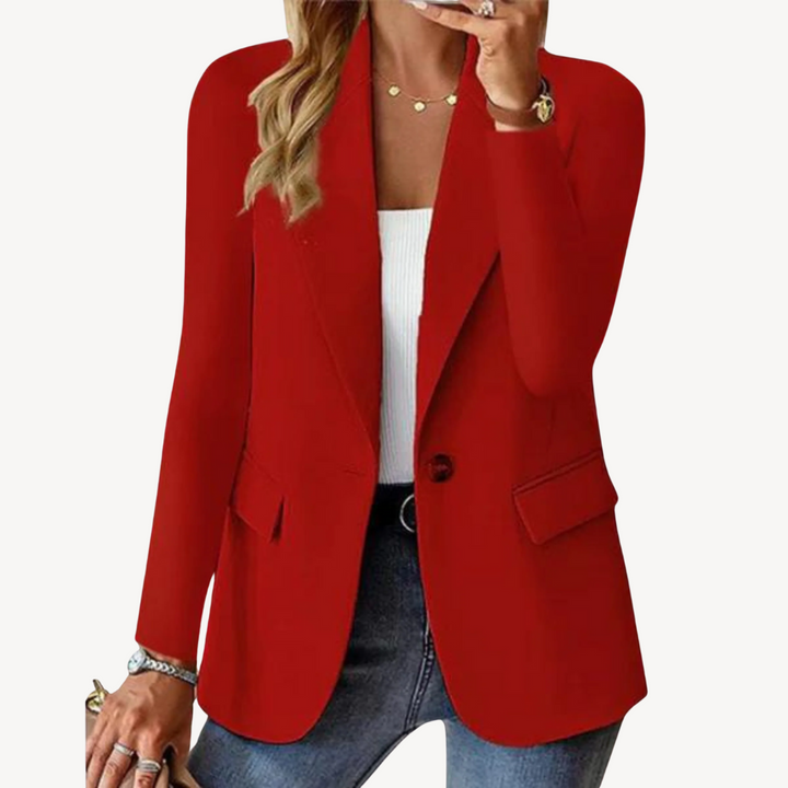 Stylish women's single button blazer, versatile outerwear for office or fashion. Tailored fit.