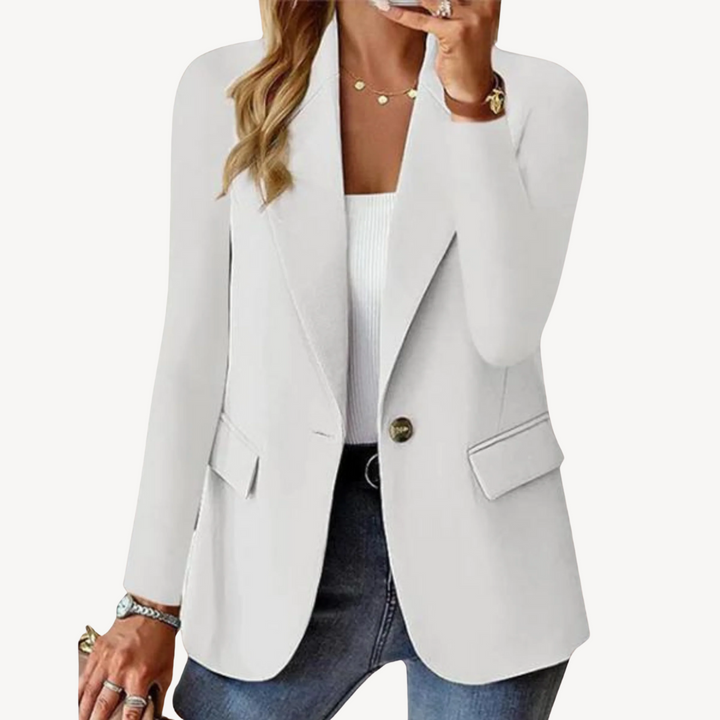 Professional women's tailored jacket, featuring a single button, ideal for office and business meetings.