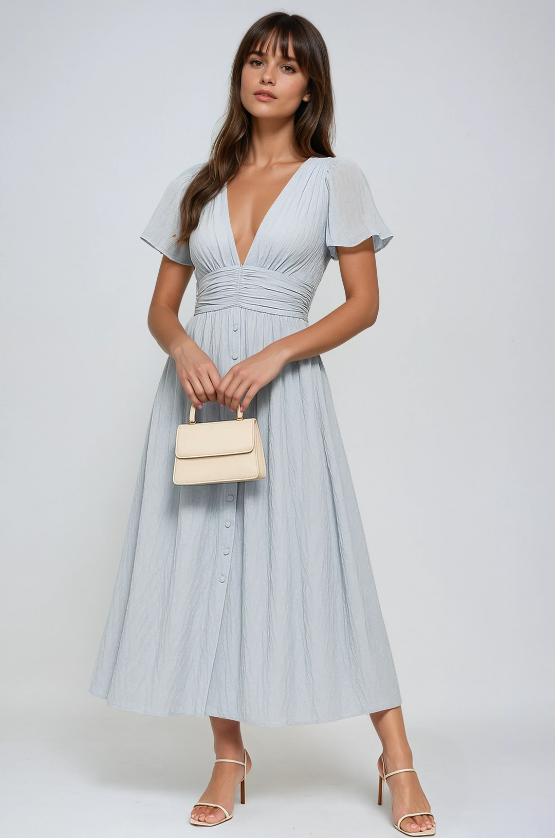 Women's sky blue boho maxi summer dress with flowing style, perfect for beachwear or vacation.
