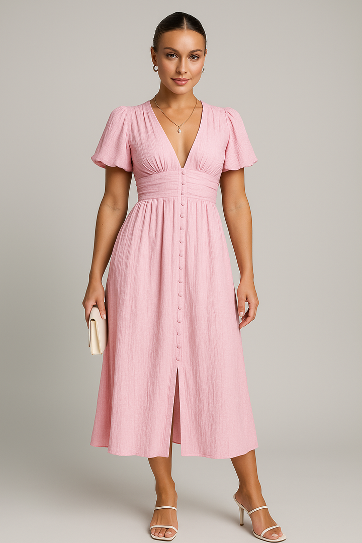 Pink flowing boho maxi summer dress, long and chic, perfect for women's vacation outfits.