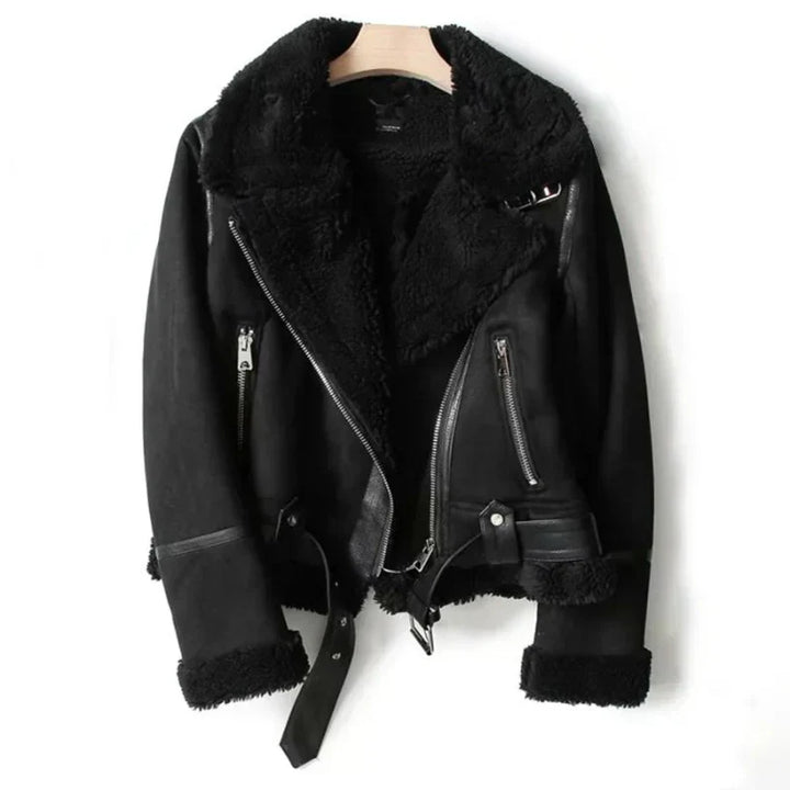 Women's sleek black leather jacket 'Naomi' with warm sherpa lining, perfect for fall & winter outerwear fashion.