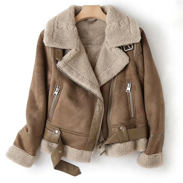 Elegant women's leather jacket with cozy sherpa lining, 'Naomi', offering versatile fall and winter outerwear comfort.