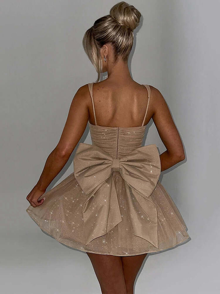 Stylish sleeveless A-line formal dress for women with an elegant bow detail. Perfect for evening parties.