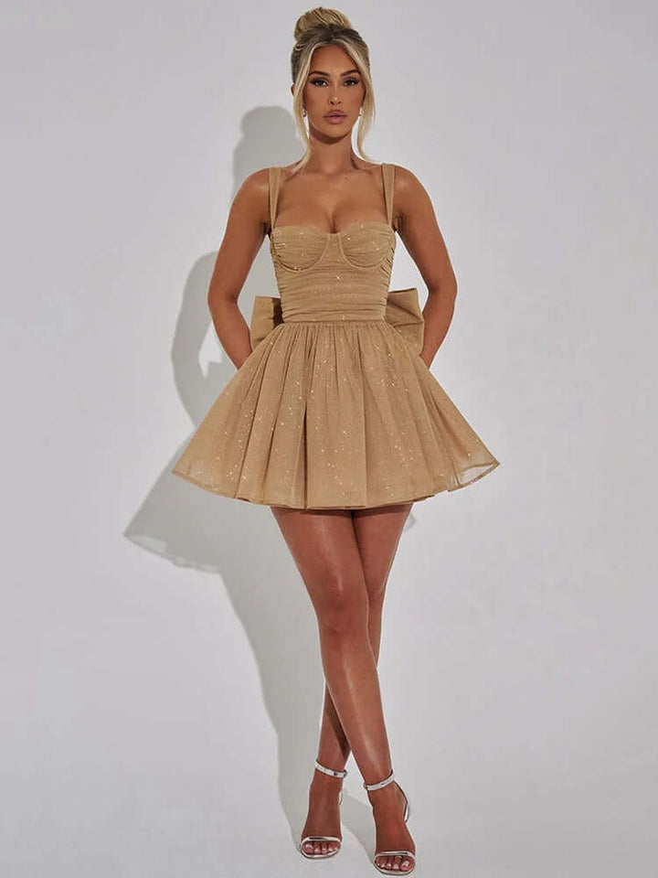 Formal women's sleeveless A-line evening dress with a beautiful bow detail. Perfect for elegant cocktail parties.