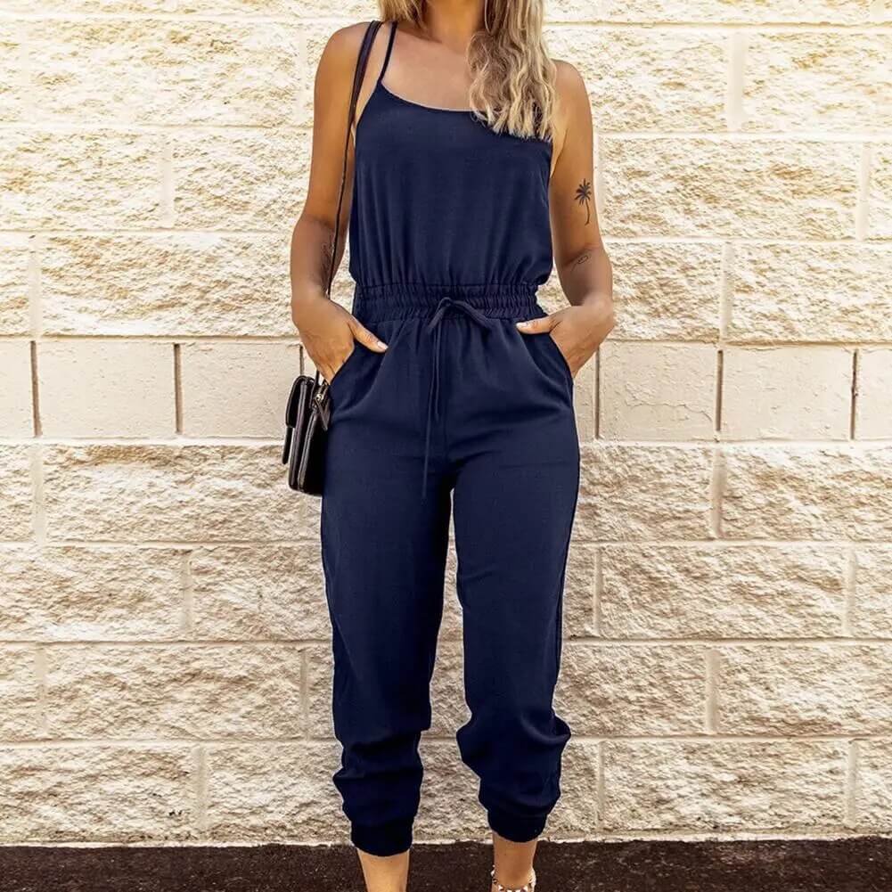 Stylish women's sleeveless wide-leg jumpsuit, comfortable cotton blend for breathable summer casual outfits.