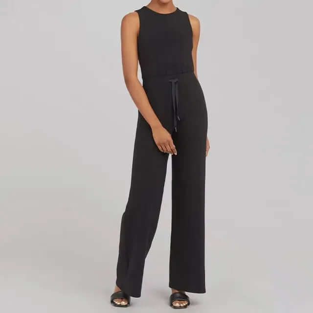Stylish women's round neck sleeveless wide-leg jumpsuit, ideal for effortless summer fashion and versatile wear.