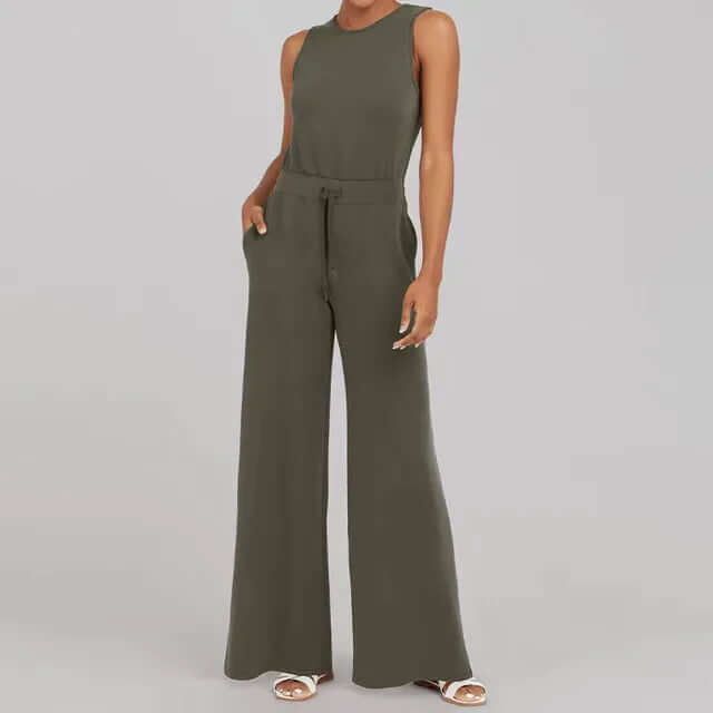 Effortless one-piece women's sleeveless jumpsuit. Features wide legs and a comfortable round neck for summer.