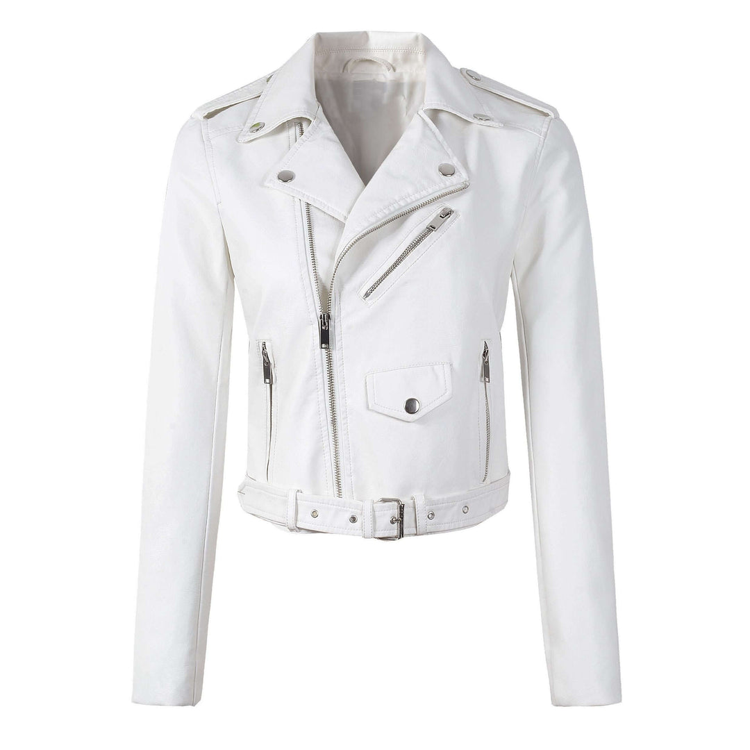 Stylish women's PU leather slim fit insulated jacket with belt, perfect for winter fashion.