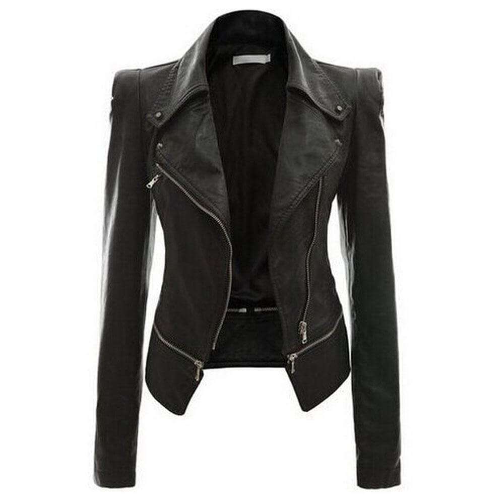 Women's slim fit black PU leather zip-up biker jacket, perfect for casual spring or fall outerwear.