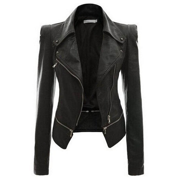 Women's slim fit black PU leather zip-up biker jacket, perfect for casual spring or fall outerwear.
