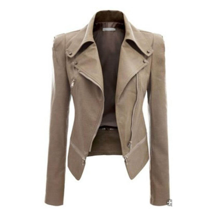 Elegant women's slim fit zip-up PU leather jacket, a versatile fashion piece for fall & spring casual wear.