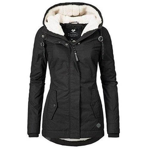Women's slim fit black winter parka with adjustable hood, perfect for stylish cold weather warmth.