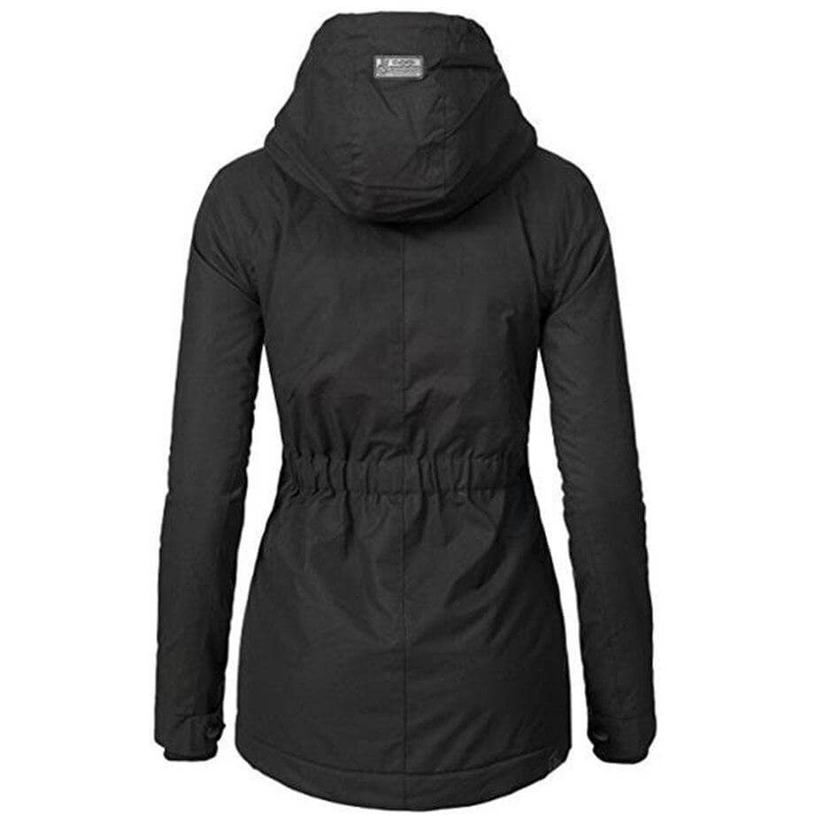 Stylish women's black slim fit winter parka jacket, a warm and cozy outerwear coat with an adjustable hood.