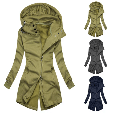 Fashionable women's slim fit turtleneck hoodie jacket, designed for a sleek look in fall/winter outerwear.