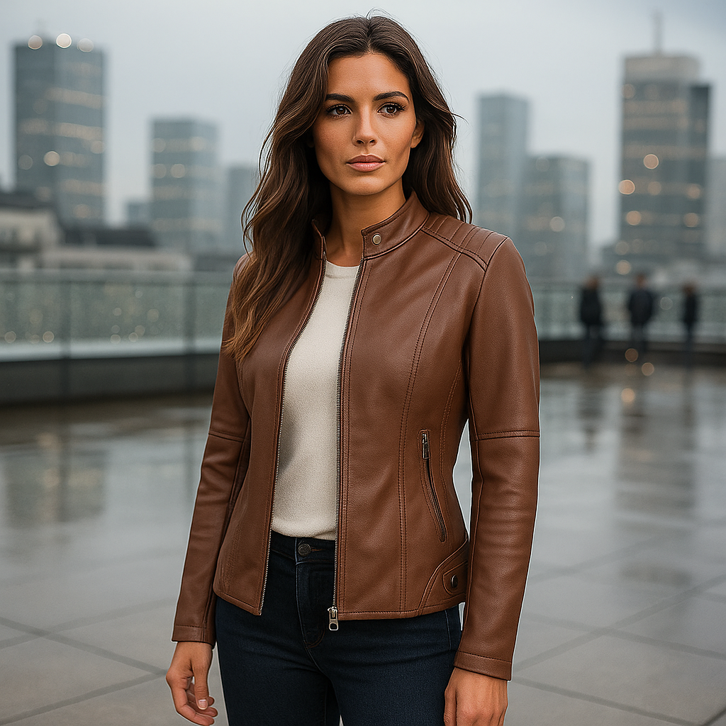 Modern women's slim fit jacket with Mao collar. Versatile zip-up outerwear, ideal for elegant spring & autumn styles.