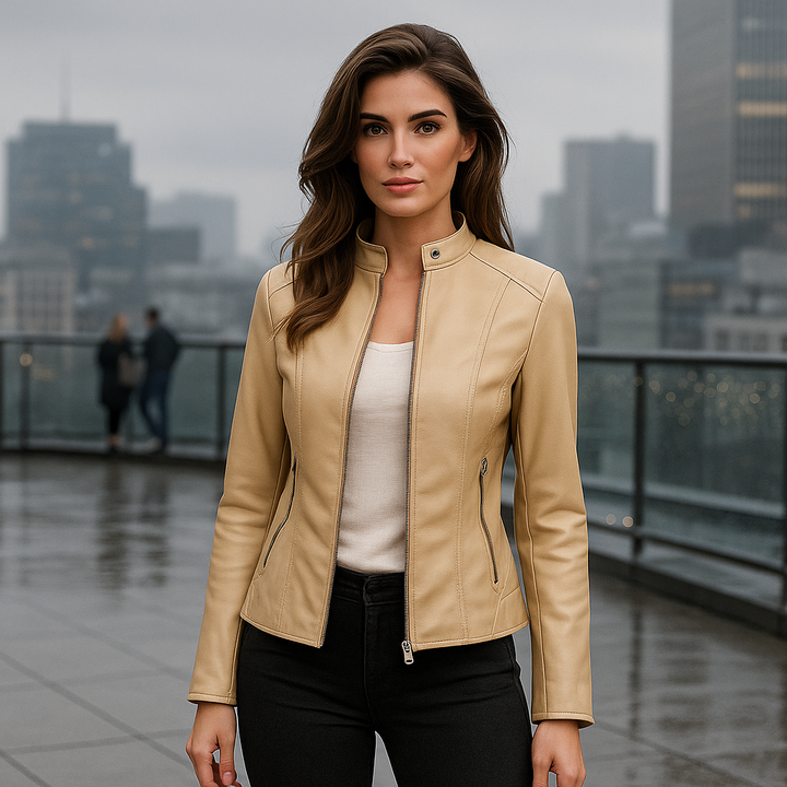 Fashionable women's zip-up jacket. Slim fit, Mao collar, and hip-length cut make it perfect for spring and autumn.