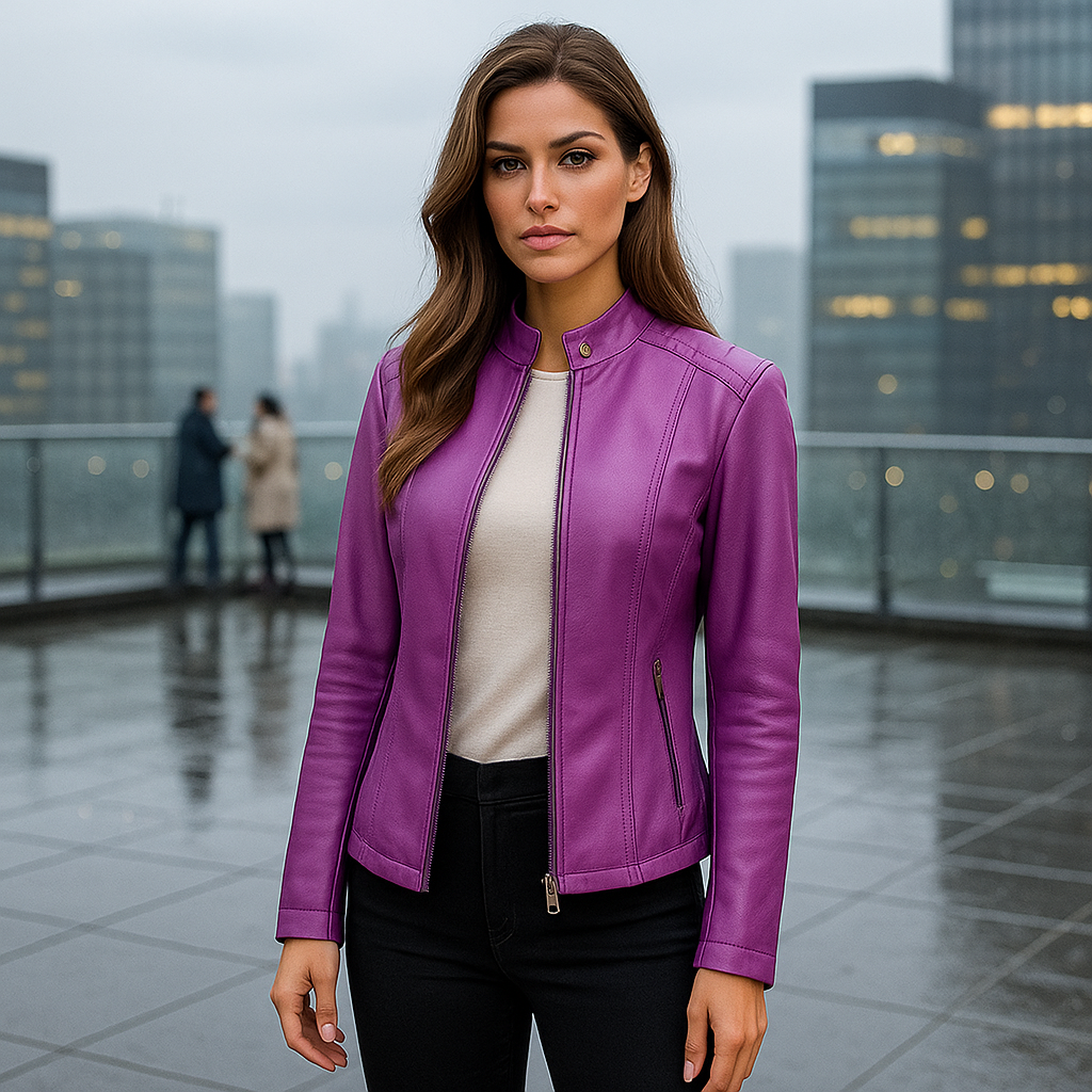 Accentuate your figure with this women's slim fit jacket. Features a stylish Mao collar and practical zip closure.