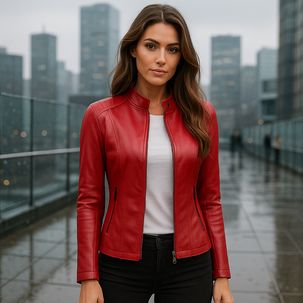 Elegant women's autumn/spring jacket. Slim fit, hip-length design with a modern Mao collar and convenient zip closure.