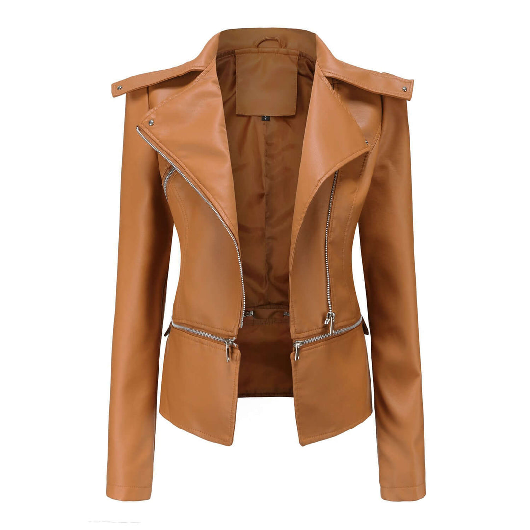 Women's slim fit PU leather motorcycle jacket with zipper detail, perfect for edgy biker style and fall fashion.