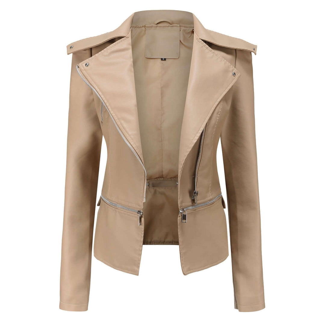 Stylish women's faux leather biker jacket, slim fit outerwear for a chic and edgy look.