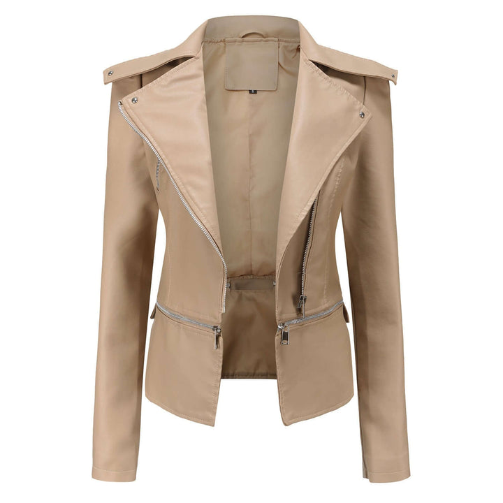 Stylish women's faux leather biker jacket, slim fit outerwear for a chic and edgy look.