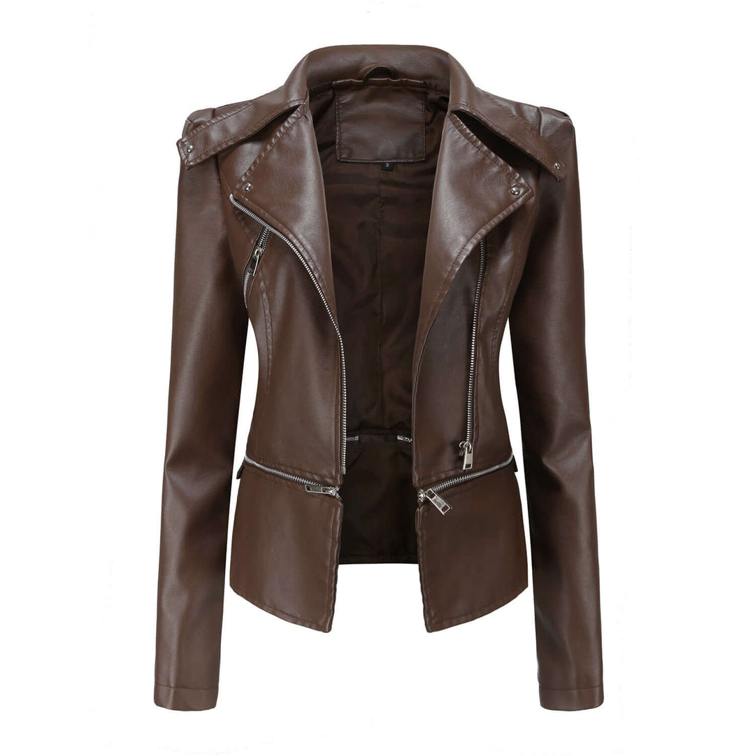 Versatile women's PU leather jacket, a slim fit zipper jacket ideal for casual wear or motorcycle rides.