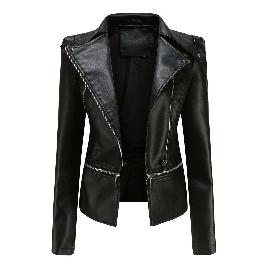 Trendy women's slim fit motorcycle jacket crafted from PU leather, essential for edgy fall outfits.
