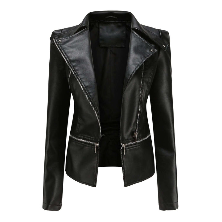 Trendy women's slim fit motorcycle jacket crafted from PU leather, essential for edgy fall outfits.