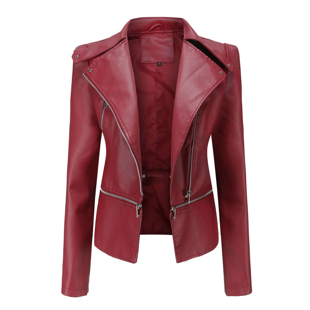 Modern women's faux leather biker jacket, designed with a slim fit and zipper for an edgy, fashionable statement.