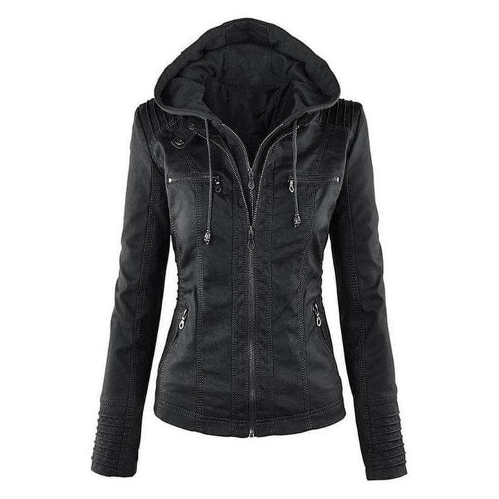 Women's slim fit PU leather zip-up hoodie, perfect for edgy casual wear & fall fashion.