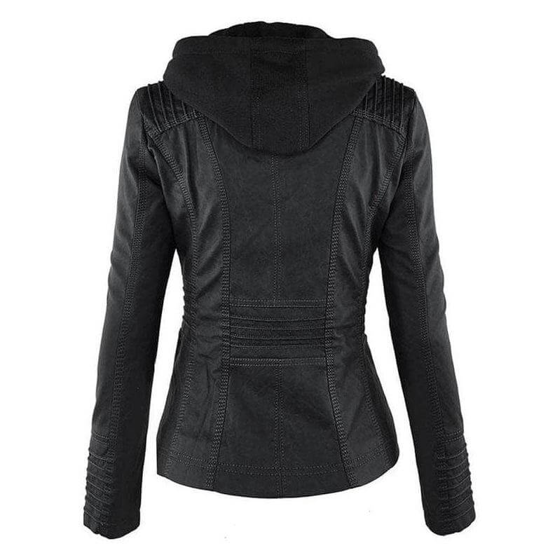 Chic women's PU leather jacket with a modern slim fit & versatile zip-up hoodie design.