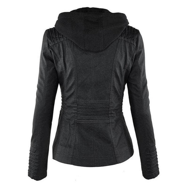 Chic women's PU leather jacket with a modern slim fit & versatile zip-up hoodie design.