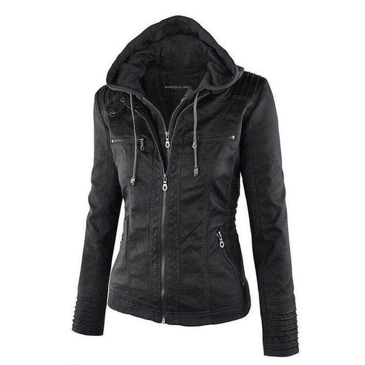Stylish slim fit women's PU leather hoodie, ideal for outerwear, casual wear & winter tops.