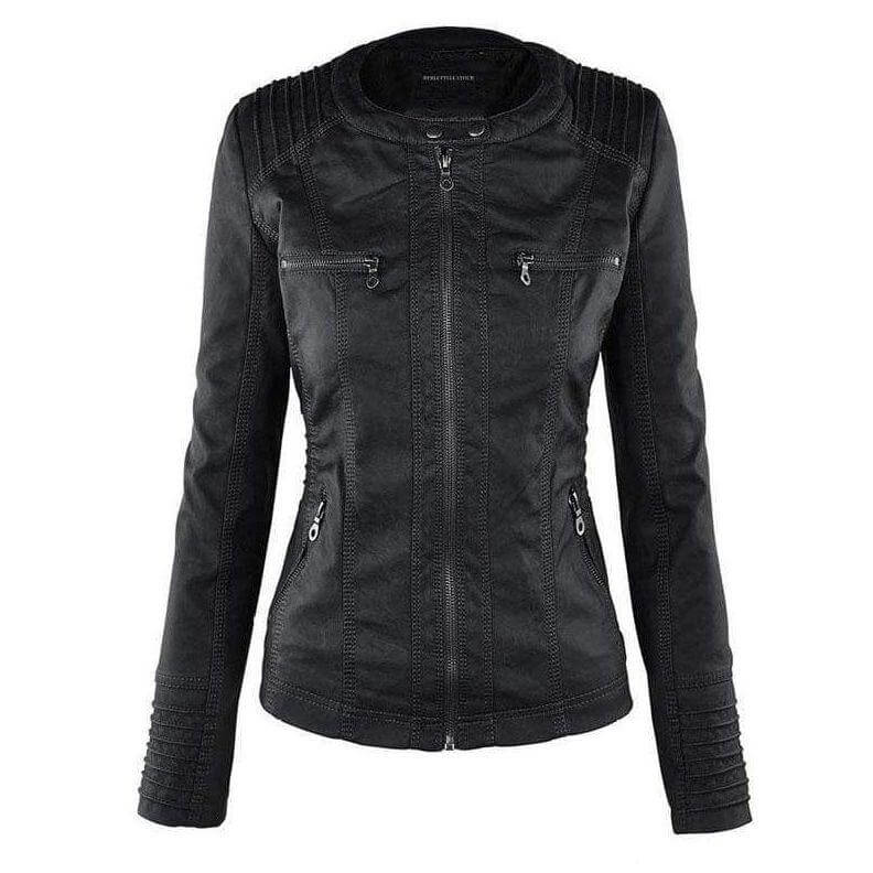 Edgy women's slim fit PU leather zip-up hoodie, featuring a modern look & versatile design.