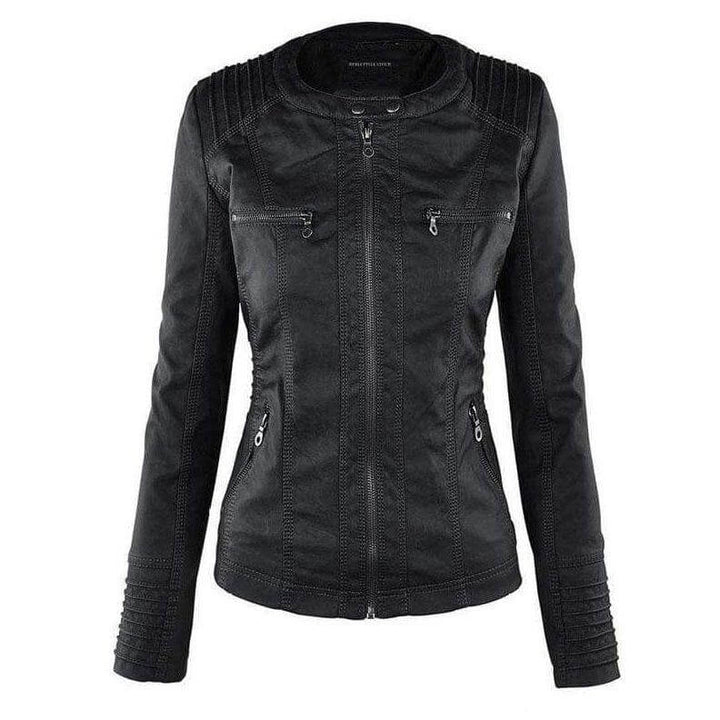 Edgy women's slim fit PU leather zip-up hoodie, featuring a modern look & versatile design.